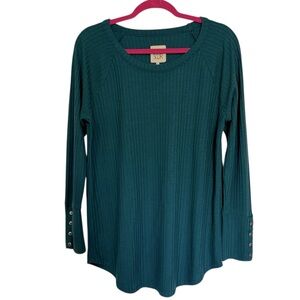 ANTHROPOLOGY CHASER Boho Teal Waffle Knit Long Sleeve Shirt Button-up Cuff Cozy
